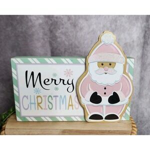 Pastel Merry Christmas Pink‎ Santa Wooden Block Sign 8.5" Christmas Tabletop NEW